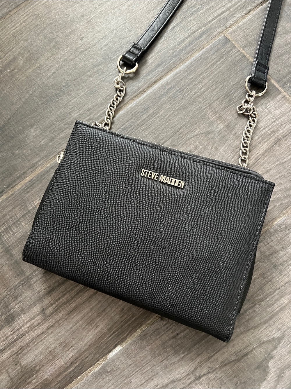 Steve Madden Black Textured Crossbody with Silver Chain